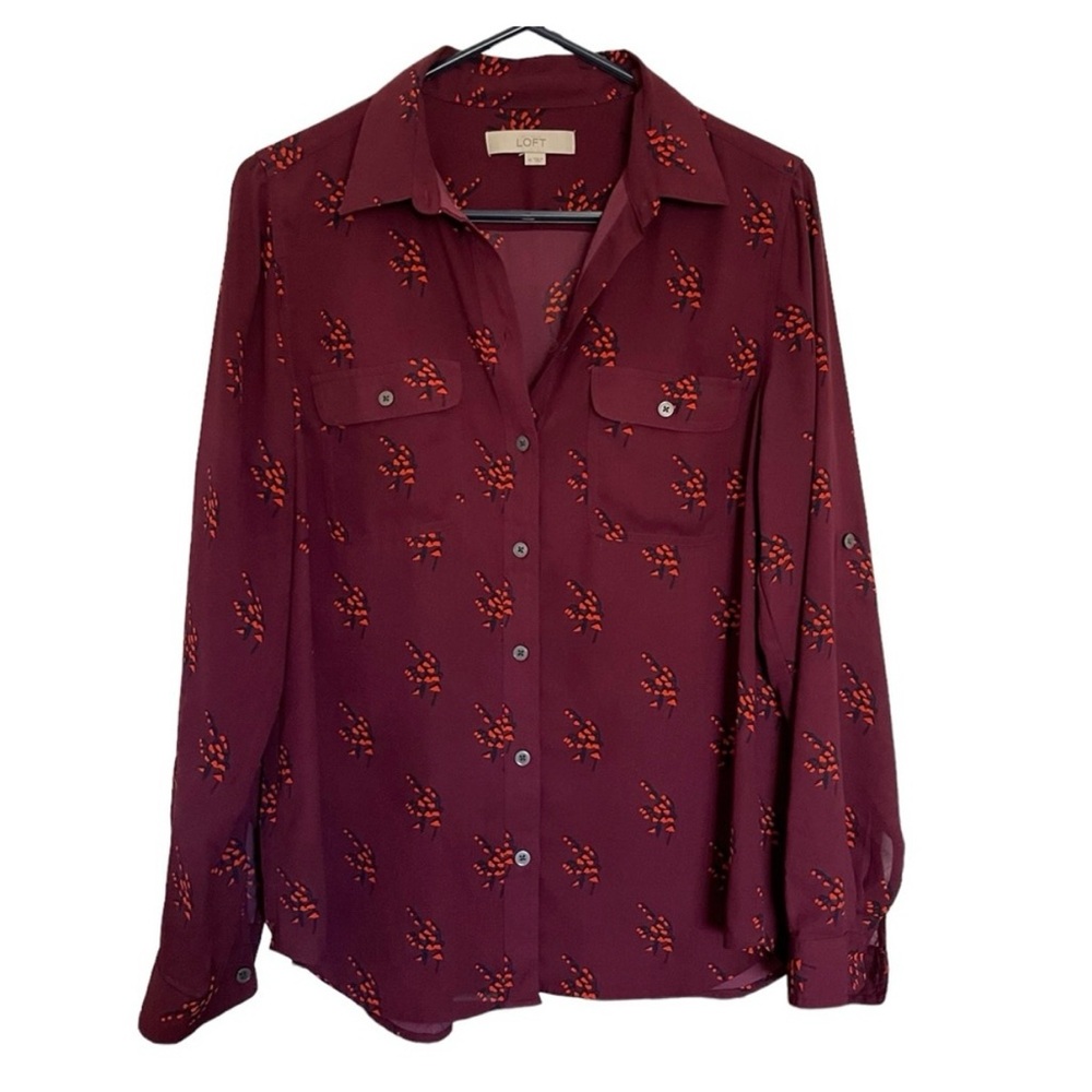 NWT LOFT Maroon & Orange Floral Button-Down Shirt - XS - Picture 4 of 8